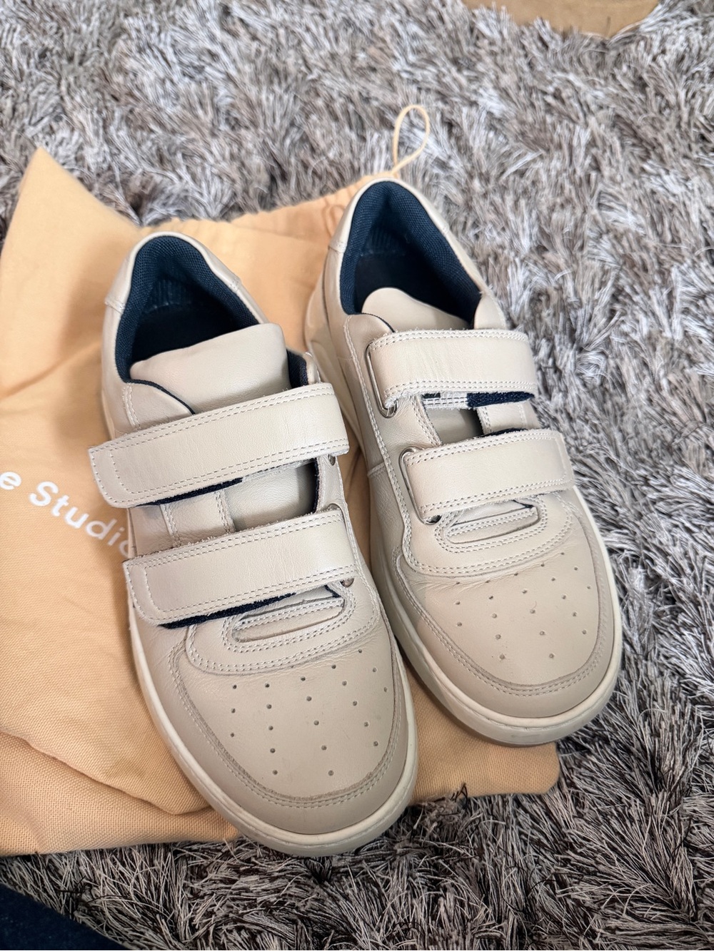 Acne Cream Strap Sneakers with Navy Lining